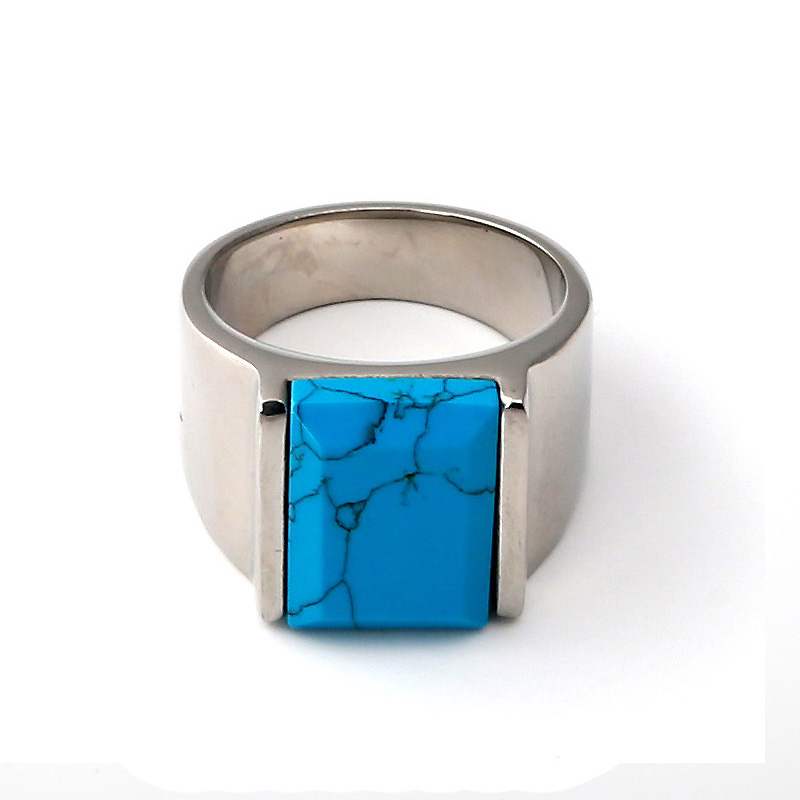 Nature Stone Gemstone Meteorite Turquoise Inlay Stainless Steel Mens Ring