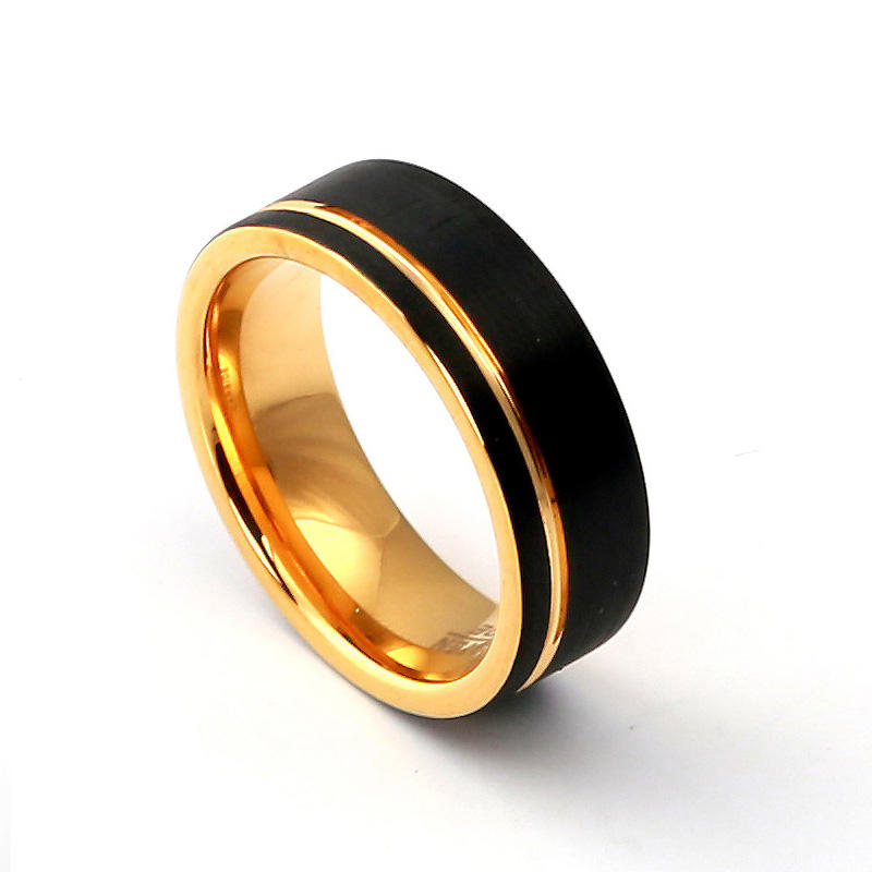Unique Center Brushed Slotted Men's Gold Tungsten Ring Made in China