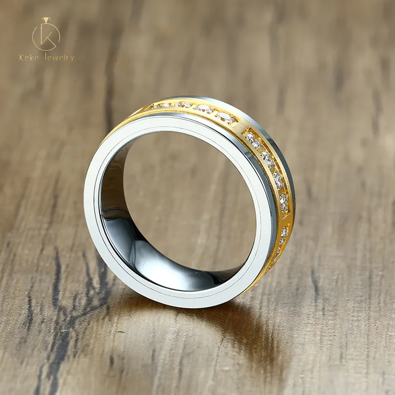 7mm Inlaid Zircon Tungsten Steel Men's Gold Ring TCR-082 Wholesale Manufacturer