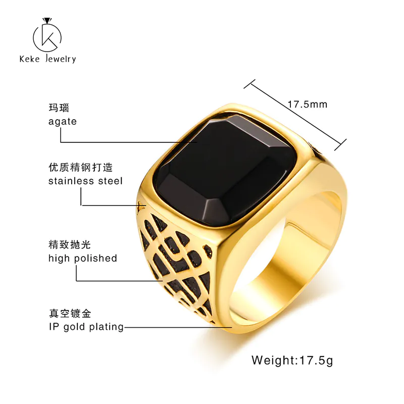 Mature Men Wear a 17.5mm Vacuum Gold-plated Ring with Agate RC-396G