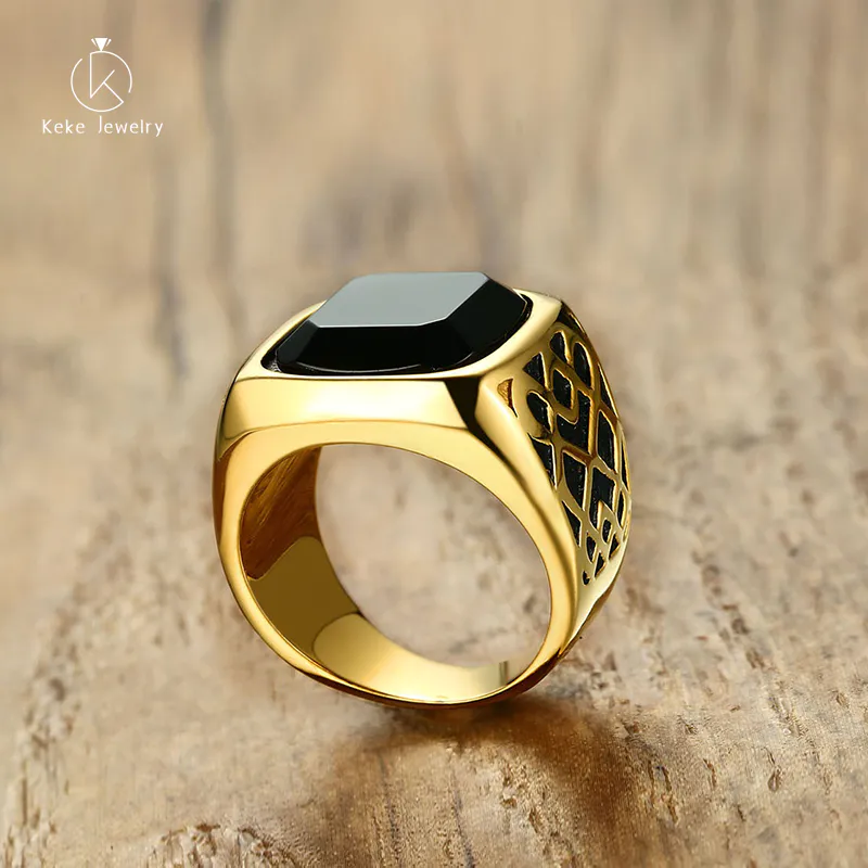 Mature Men Wear a 17.5mm Vacuum Gold-plated Ring with Agate RC-396G
