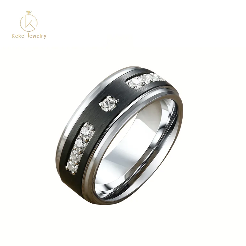Spot Wholesale 8mm Stainless Steel Black Men's Ring With Diamonds TCR-085