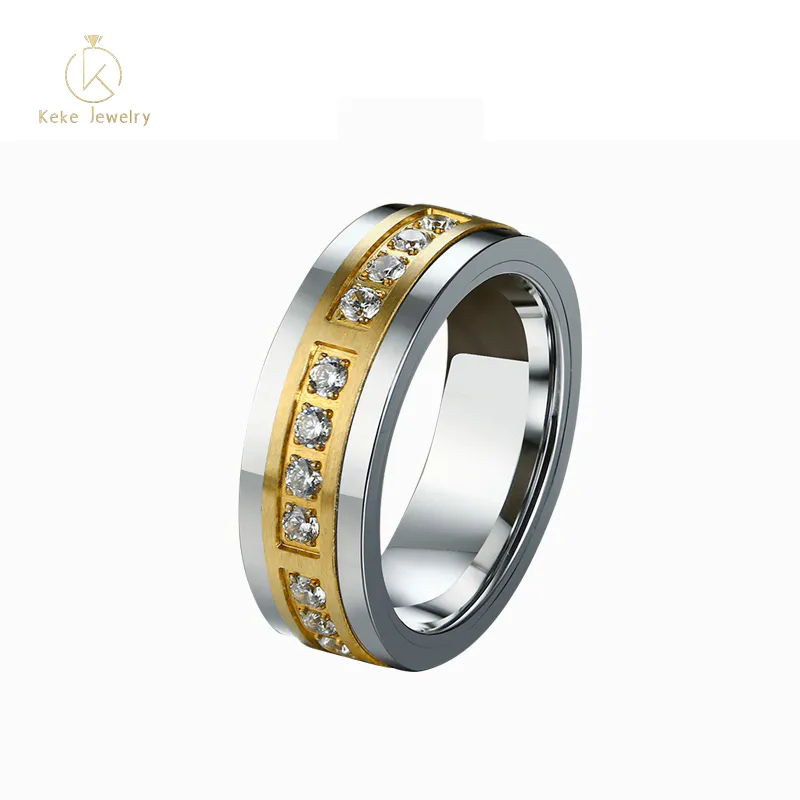 Chinese Manufacturer Wholesale 7MM inlaid zircon tungsten steel men's gold ring TCR-082