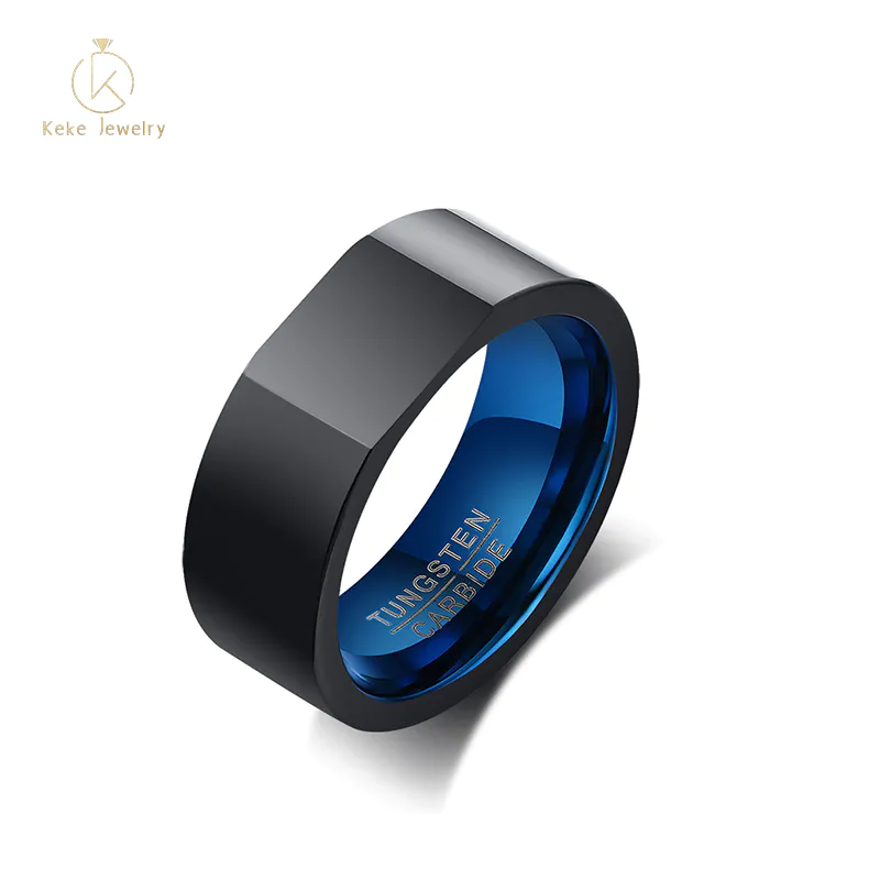 Wholesale European and American vacuum plating engraving blue and black tungsten steel men's ring TCR-091