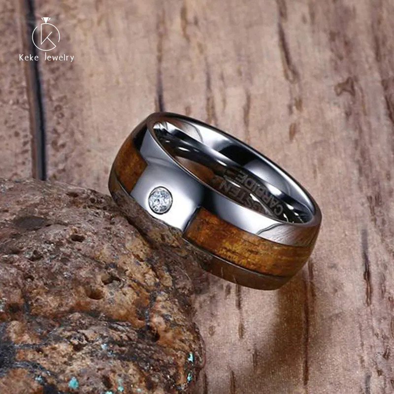 Wood Grain Tungsten Steel Men's Ring with Single Zircon 8MM TCR-066
