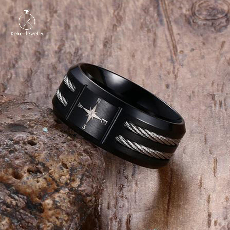 Wholesale 9MM Stainless Steel Compass Element Design Men's Ring R-333