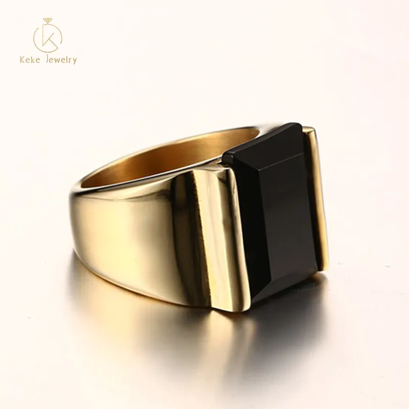Supplier Wholesale Black Agate Titanium Steel Gold Men's Ring RC-019