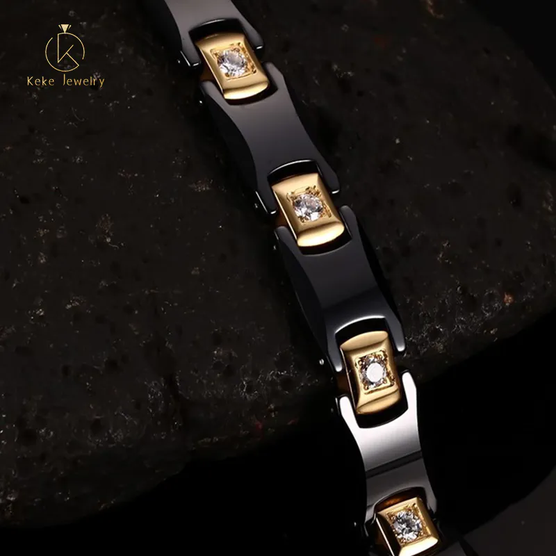European and American Jewelry Thick Bracelet Ceramic Black Stone Stainless Steel Gold Plated Zircon Bracelet Factory Price Direct Sales CBRM-009