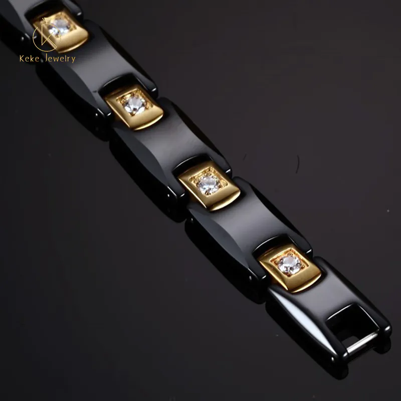 European and American Jewelry Thick Bracelet Ceramic Black Stone Stainless Steel Gold Plated Zircon Bracelet Factory Price Direct Sales CBRM-009