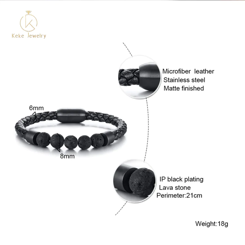 Titanium steel jewelry spot men's microfiber leather lava stone leather bracelet BL-404