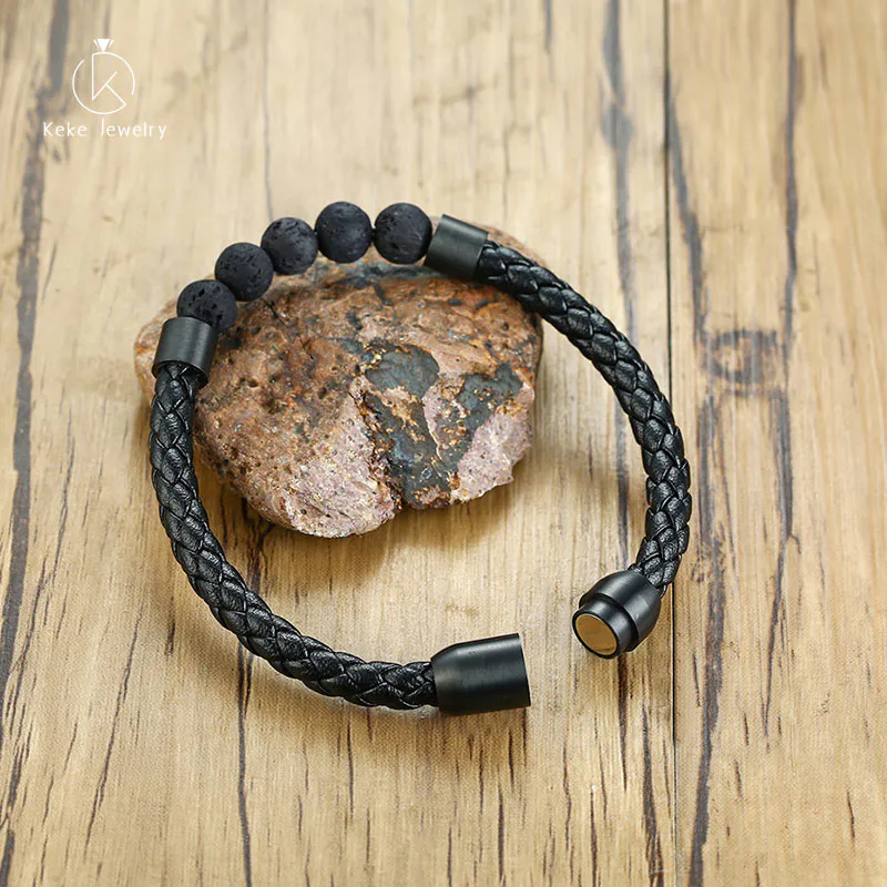 Titanium steel jewelry spot men's microfiber leather lava stone leather bracelet BL-404