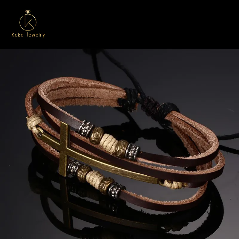 New European and American fashion Men's retro bracelet High-quality cowhide alloy cross drawstring bracelet BL-150