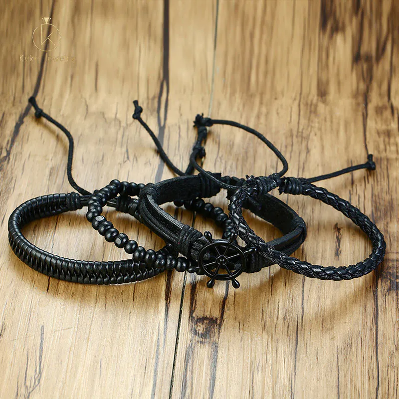 Alloy Rudder & Black Wood Beads Pu Leather Braided Four-piece Men's Bracelet BL-472
