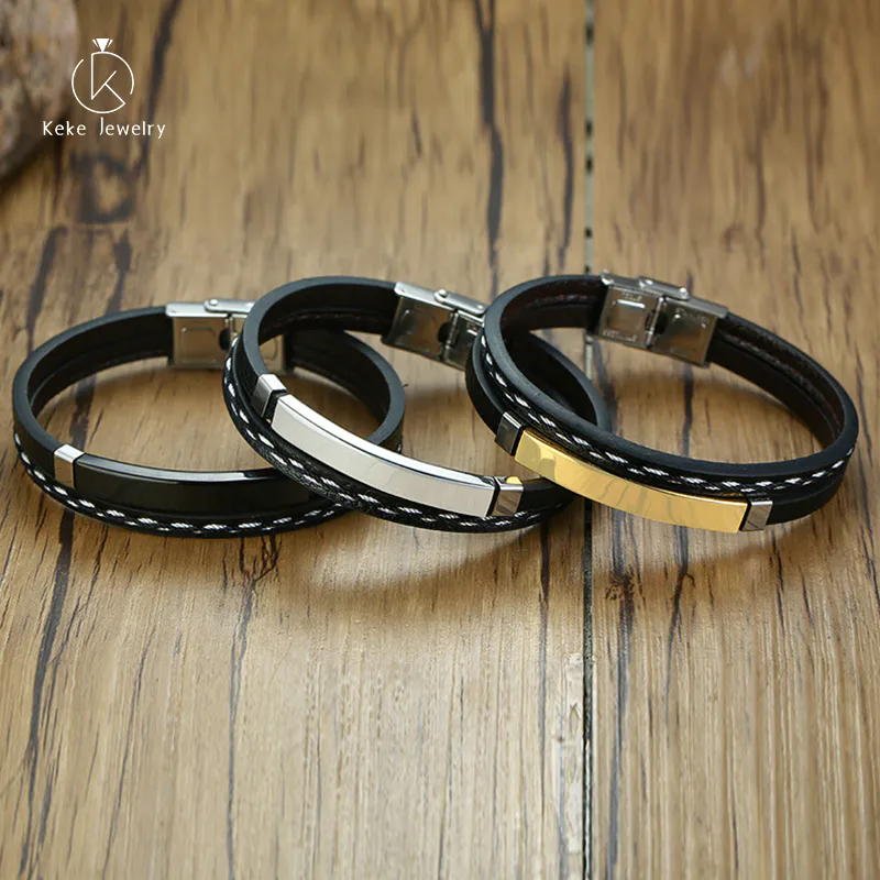 Stainless Steel Leather Curved Brand Pu Leather Braided Bracelet BL-474