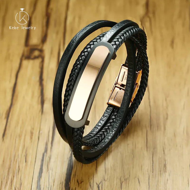Stainless Steel Leather Bracelet Multilayer Titanium Steel Curved PU Leather Hand Strap Black + Rose Gold BL-365