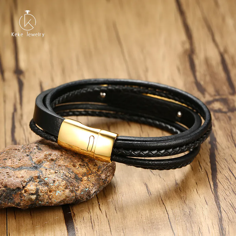 Stainless Steel Leather Bracelet 21CM Stainless Steel Bracelet Fashionable Men's Fashion Jewelry Curved Brand Leather Bracelet BL-377