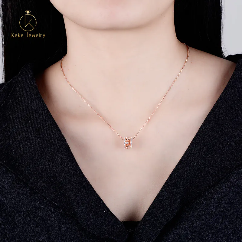 Wholesale custom rose gold plated hollow copper pendant zircon titanium steel chain necklace for women MYN041