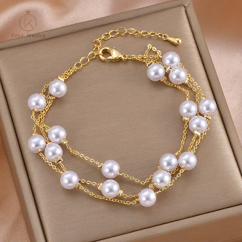 Custom multilayer pearl imitation amber zircon female bracelet gold-plated copper jewelry SL80307