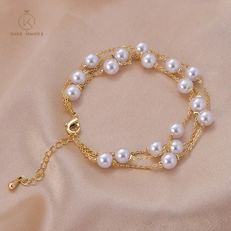 Custom multilayer pearl imitation amber zircon female bracelet gold-plated copper jewelry SL80307