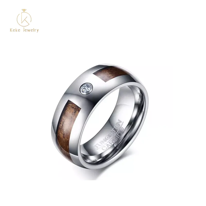 Men's Fashion Jewelry Hawai Koa Wood Black Tungsten Carbide Inlaid Zircon Gemstone Ring 6mm S0144R