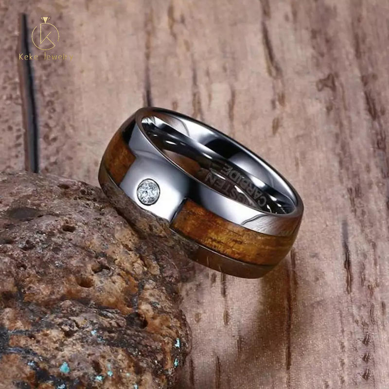 Men's Fashion Jewelry Hawai Koa Wood Black Tungsten Carbide Inlaid Zircon Gemstone Ring 6mm S0144R