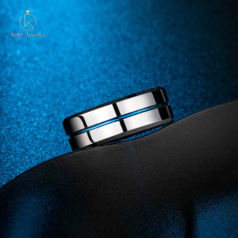 Custom Men's Fashion Jewelry Single Blue Channel Tungsten Ring kw8021