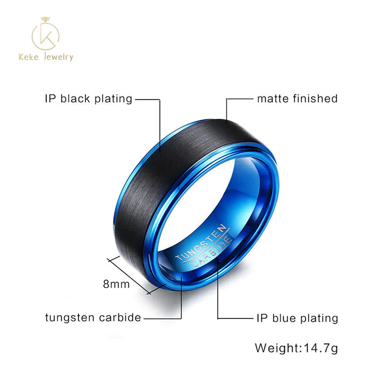 Customizable Cheap black blue 9MM tungsten steel men's ring TCR-050