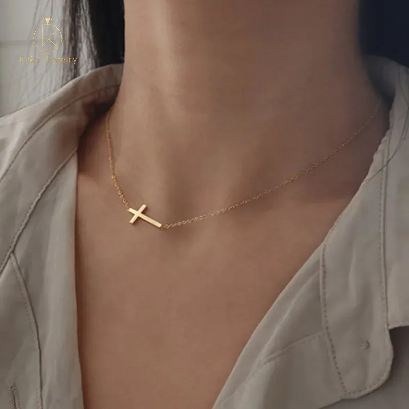 Custom Fashion 18K Gold Plated Stainless Steel Sideways Cross Pendant Necklace Tiny Chain Layered Necklace Christian Jewelry DG-22121302
