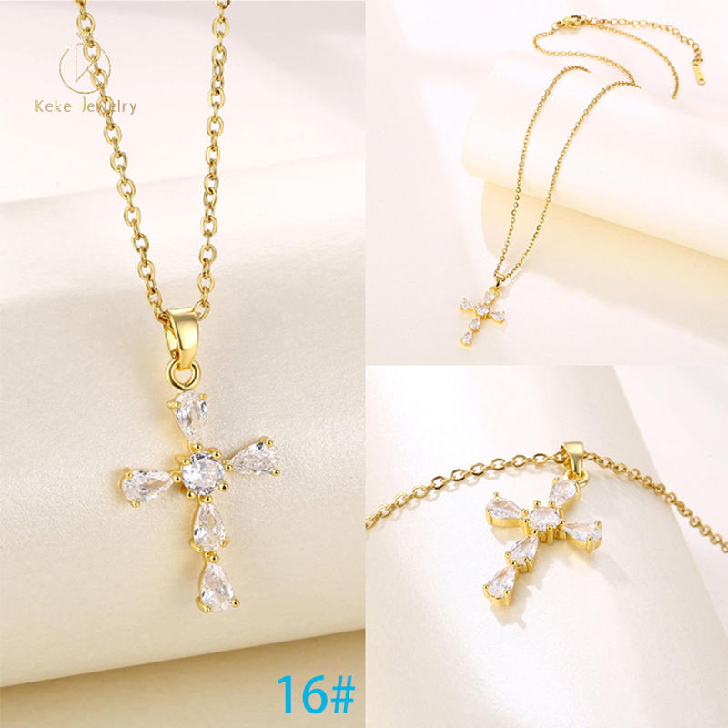 High Quality Diamond Christian Religion Jewelry Gold Plated Stainless Steel Chain CZ Micro Pave Cross Pendant Necklace 6#