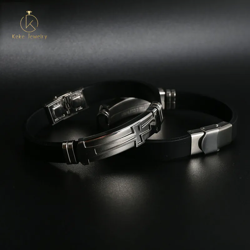 Latest style simplify cross christian PU stainless steel jewelry leather bracelet for men D177