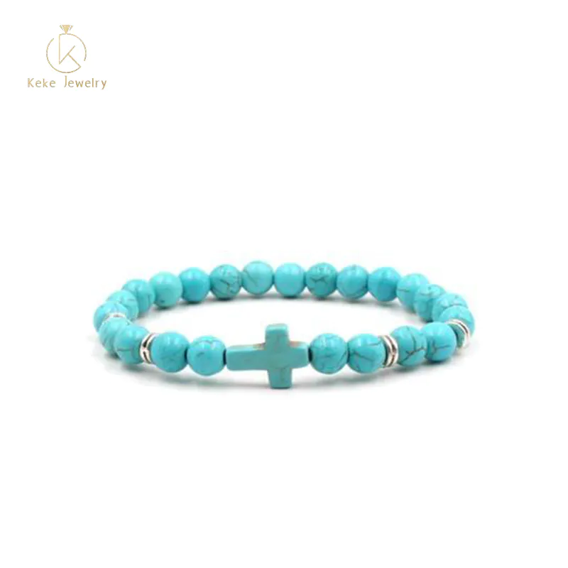 Hot Selling White Turquoise Cross Pendant Bracelet Religious Christian Elastic Bracelet Jewelry 6256