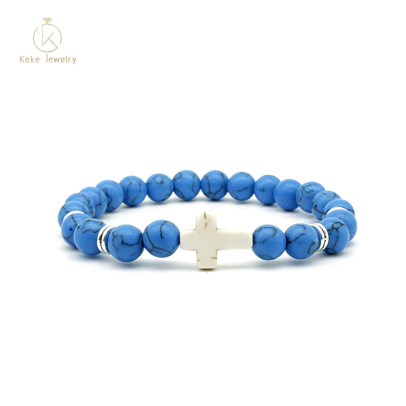 Hot Selling White Turquoise Cross Pendant Bracelet Religious Christian Elastic Bracelet Jewelry 6256