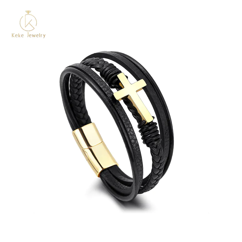 Braided handmade leather magnetic clasp cross stainless steel bracelet men's titanium steel jewelry newProduct launch 2g1354g