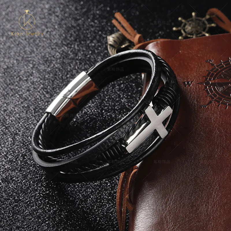 Braided handmade leather magnetic clasp cross stainless steel bracelet men's titanium steel jewelry newProduct launch 2g1354g