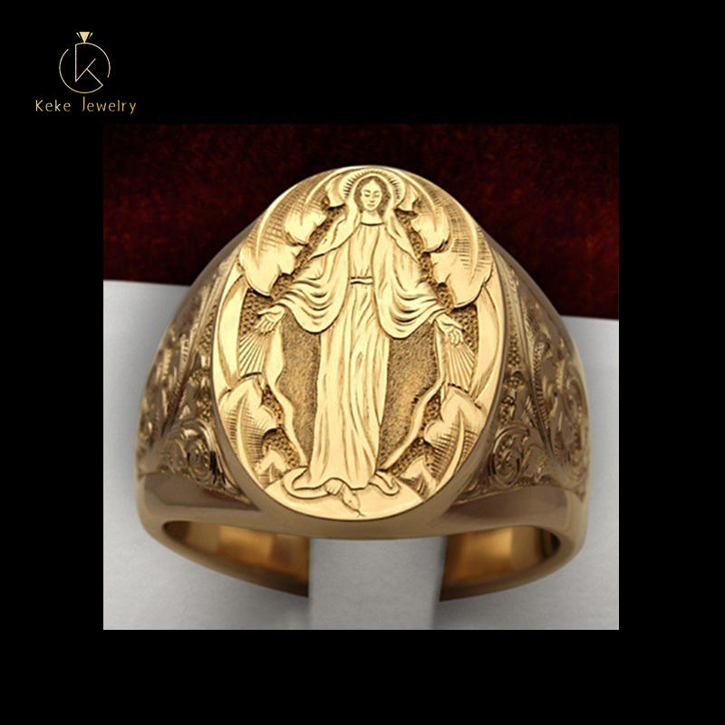 18k Yellow Gold Ring Mary Prayer European and American emblem hand-engraved religious ring R1701