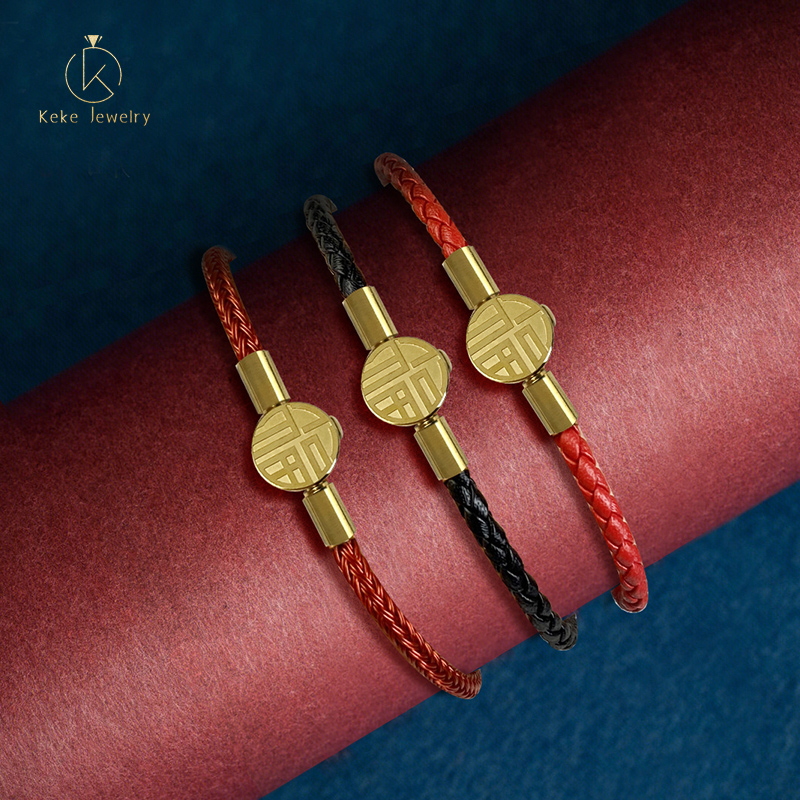 Titanium Steel Fortune Character Clasp Braided Leather Rope Bracelet  with Gold Clasp DIY Bracelet 001