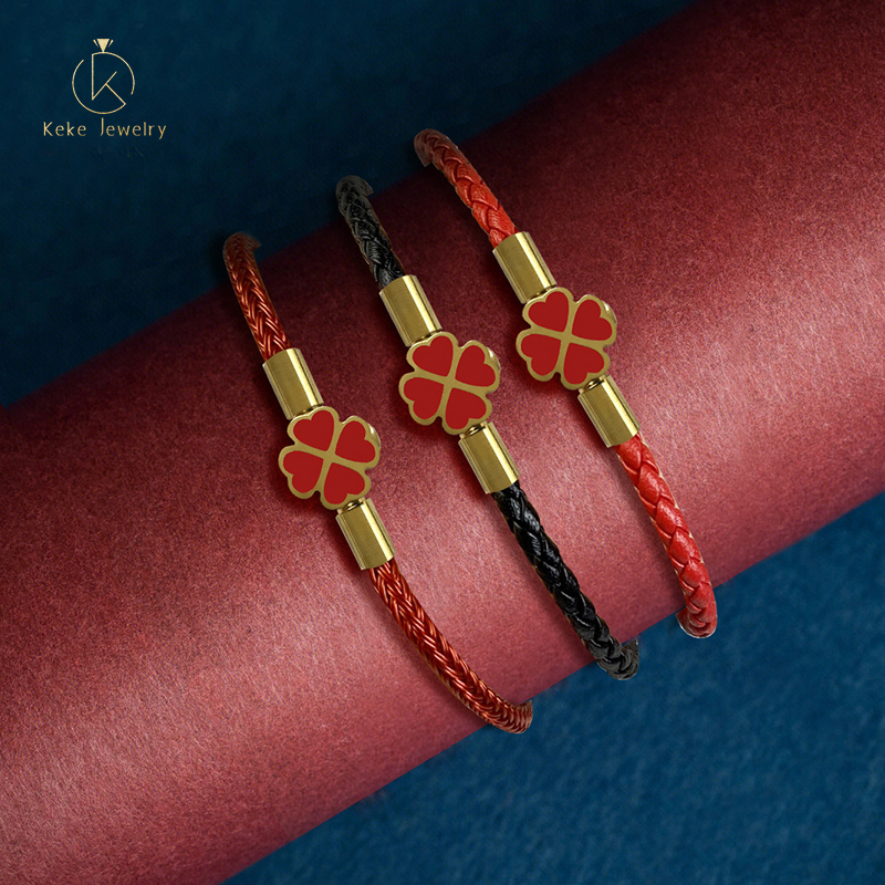 Titanium Steel Bracelet Clasp Four-Leaf Clasp with Red Oil Drop Link Buckle  Leather Red Cord Bracelet Loop Clasp 014