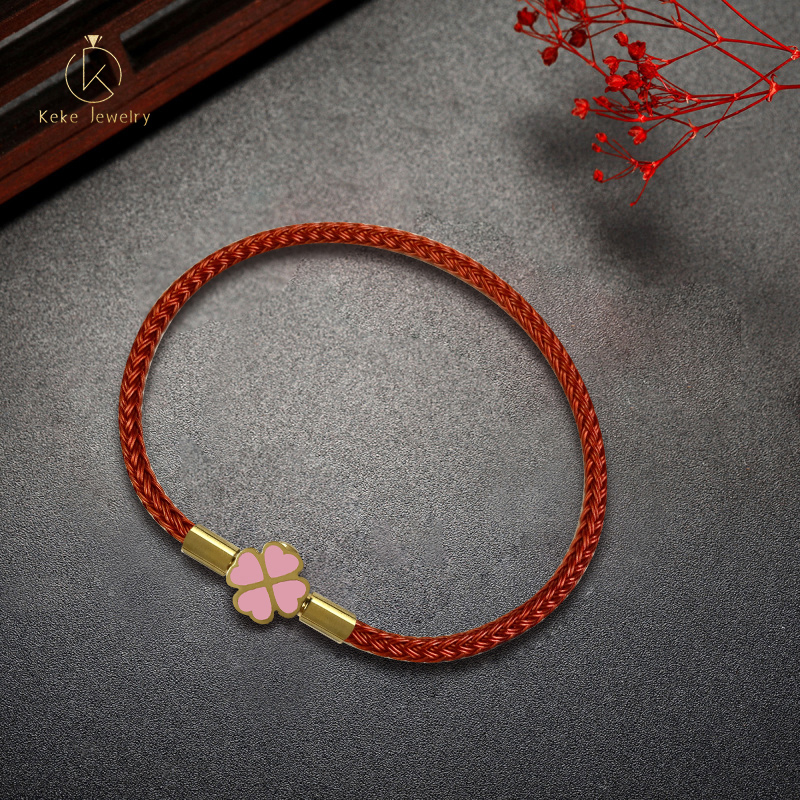 Titanium Steel Moonlight Four-Leaf Clover Bracelet Lucky Red Cord Women's  Genuine Leather Braided Rope Bracelet 015