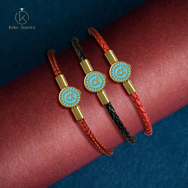 Twelve Zodiac Signs Taurus Bracelet Lucky Bead Titanium Steel Red Cord  Cowhide Braided Rope 016