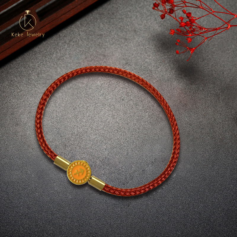 Twelve Zodiac Signs Sagittarius Bracelet Lucky Bead Titanium Steel Red Cord  Cowhide Braided Rope 017