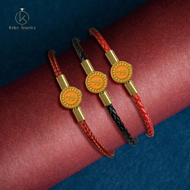 Twelve Zodiac Signs Sagittarius Bracelet Lucky Bead Titanium Steel Red Cord  Cowhide Braided Rope 017