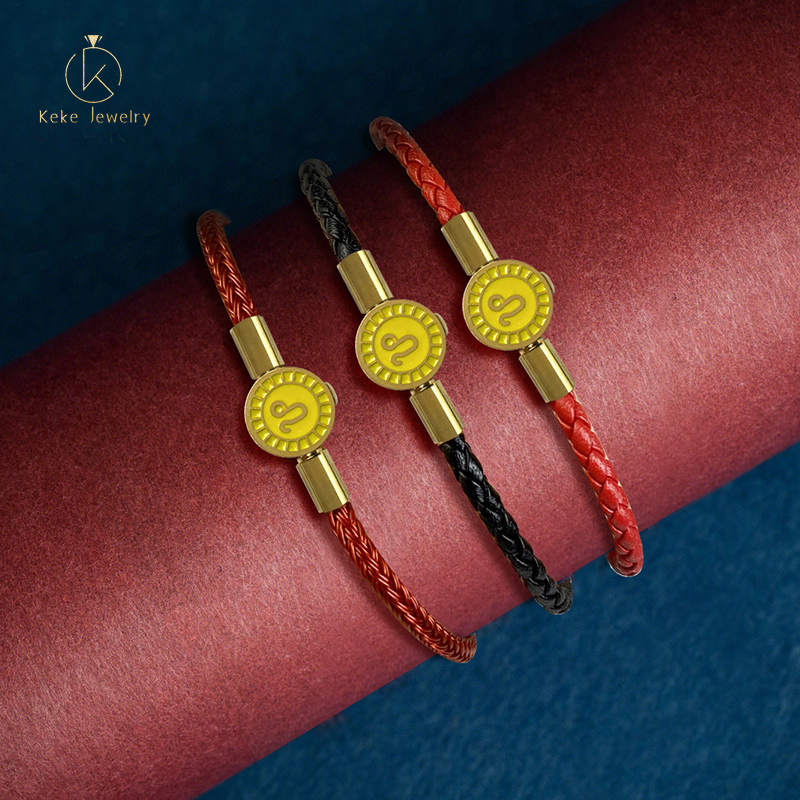 Twelve Zodiac Signs Leo Bracelet Lucky Bead Titanium Steel Red Cord Cowhide  Braided Rope 018
