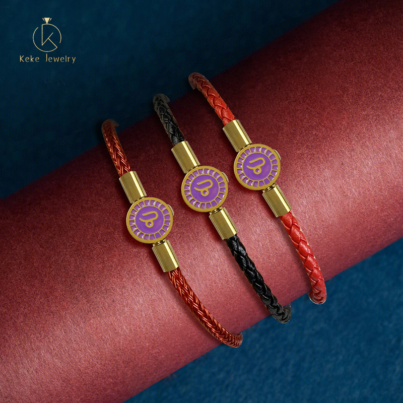 Twelve Zodiac Signs Capricorn Bracelet Lucky Bead Titanium Steel Red Cord  Cowhide Braided Rope 019