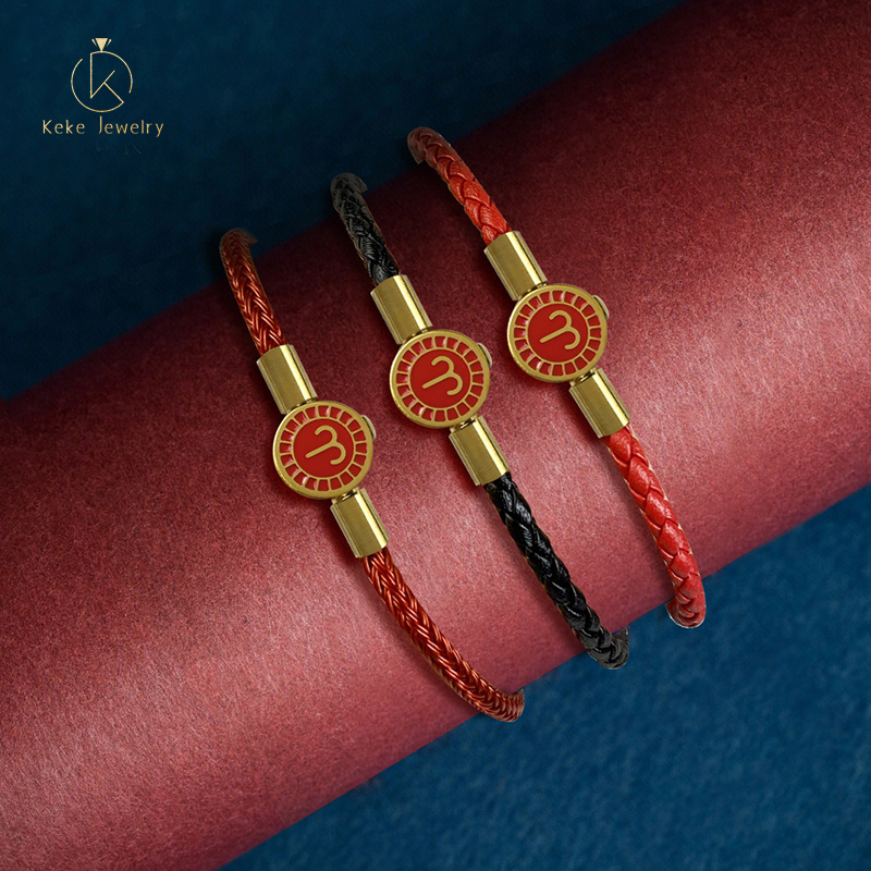 Twelve Zodiac Signs Aries Bracelet Lucky Bead Titanium Steel Red Cord Cowhide Braided Rope 020
