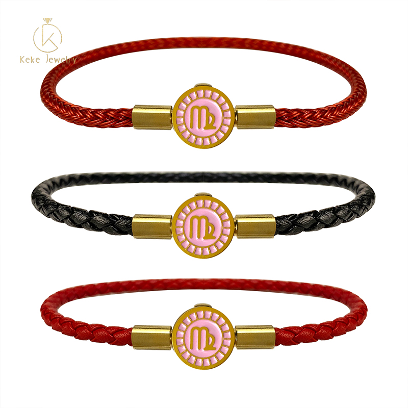 Twelve Zodiac Signs Virgo Bracelet Lucky Bead Titanium Steel Red Cord Cowhide  Braided Rope  021