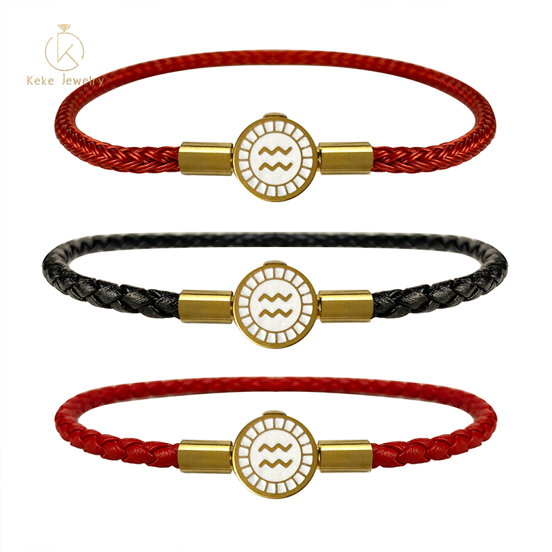 Twelve Zodiac Signs Aquarius Bracelet Lucky Bead Titanium Steel Red Cord  Cowhide Braided Rope 022