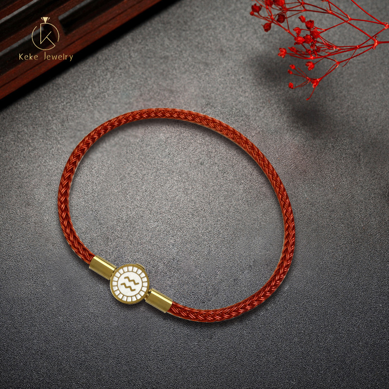 Twelve Zodiac Signs Aquarius Bracelet Lucky Bead Titanium Steel Red Cord  Cowhide Braided Rope 022