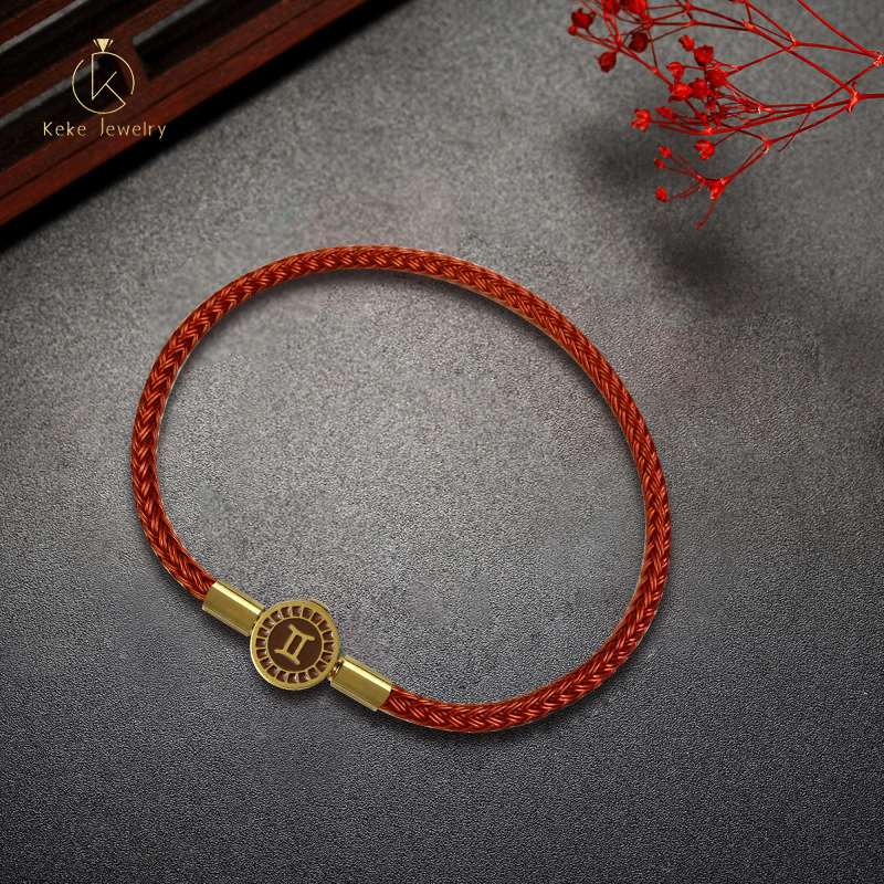 Twelve Zodiac Signs Gemini Bracelet Lucky Bead Titanium Steel Red Cord Cowhide Braided Rope 023