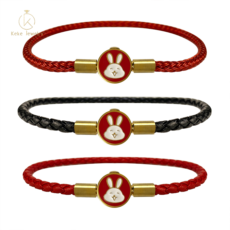 Titanium Steel Rabbit Red Cord Women's Braided Bracelet Genuine Leather Bracelet  with Oil Drop Craft 024