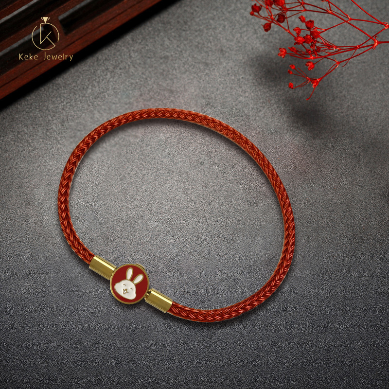Titanium Steel Rabbit Red Cord Women's Braided Bracelet Genuine Leather Bracelet  with Oil Drop Craft 024